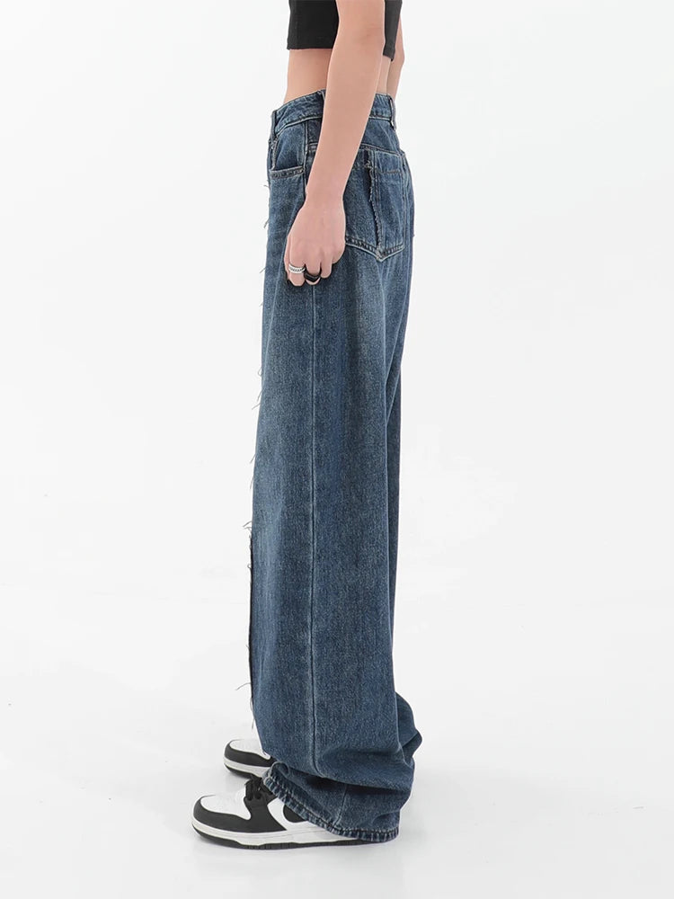 Dark Blue Womens Jeans High Waist Vintage Straight Baggy Denim Pants Streetwear American Style Fashion Wide Leg Denim Trouser