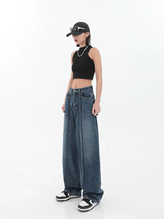Dark Blue Womens Jeans High Waist Vintage Straight Baggy Denim Pants Streetwear American Style Fashion Wide Leg Denim Trouser