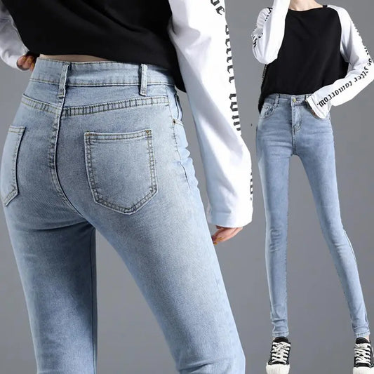 Vintage Blue Jeans Trousers Women Slim Fashion High Waist Feet Tight Teen Jeans Elasticity Simple Classic Pencil Pants