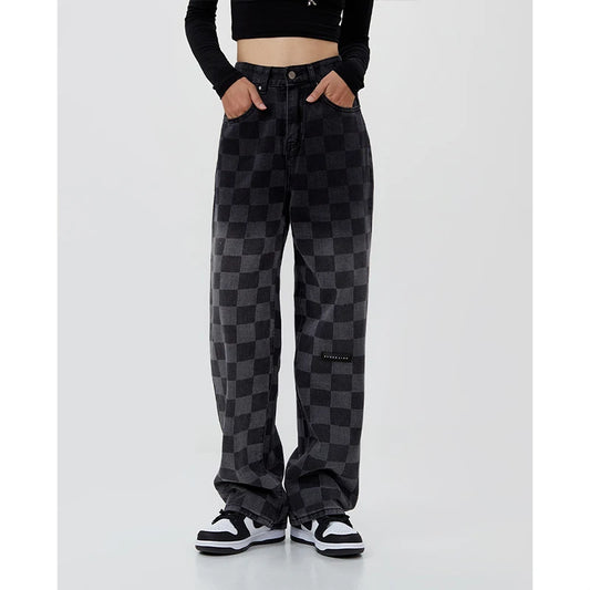 Women Black Gradient Jeans Plaid Vintage Straight Pants High Waist Casual Fashion Wide Leg Baggy Denim Trouser Ladies Summer