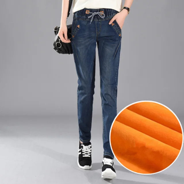 200 Pounds Plus Size 5XL Women Winter Harlan Jeans Leisure Elastic Waist Trousers Thick Girls Outerwear With Velvet Pants MZ1891