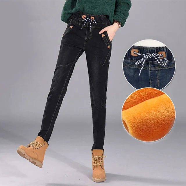 200 Pounds Plus Size 5XL Women Winter Harlan Jeans Leisure Elastic Waist Trousers Thick Girls Outerwear With Velvet Pants MZ1891