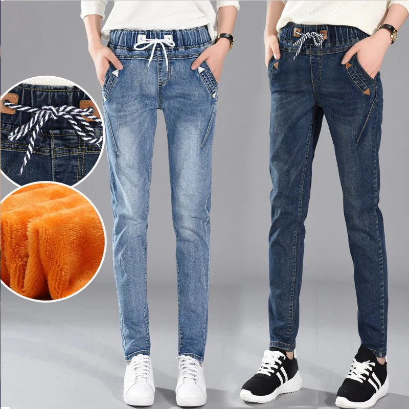 200 Pounds Plus Size 5XL Women Winter Harlan Jeans Leisure Elastic Waist Trousers Thick Girls Outerwear With Velvet Pants MZ1891