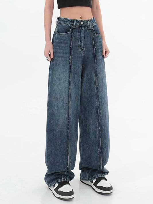 Dark Blue Womens Jeans High Waist Vintage Straight Baggy Denim Pants Streetwear American Style Fashion Wide Leg Denim Trouser