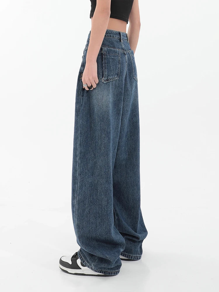 Dark Blue Womens Jeans High Waist Vintage Straight Baggy Denim Pants Streetwear American Style Fashion Wide Leg Denim Trouser