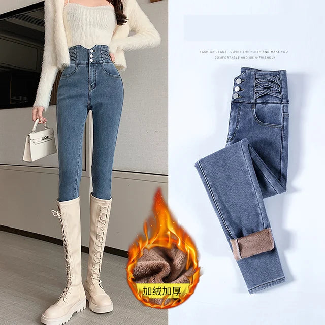 Fleece Women Warm Jeans Lady High Waist Skinny Pencil Denim Pants Winter Fleece Mom Retro Thicken Trouser Pantalones Aesthetic