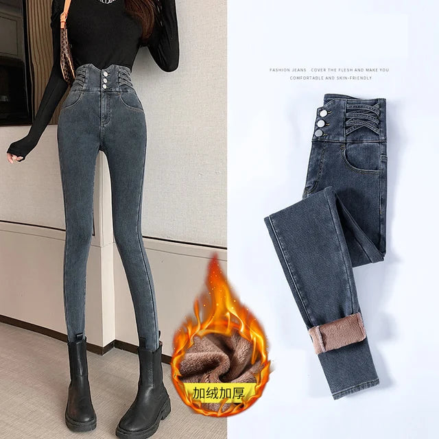 Fleece Women Warm Jeans Lady High Waist Skinny Pencil Denim Pants Winter Fleece Mom Retro Thicken Trouser Pantalones Aesthetic