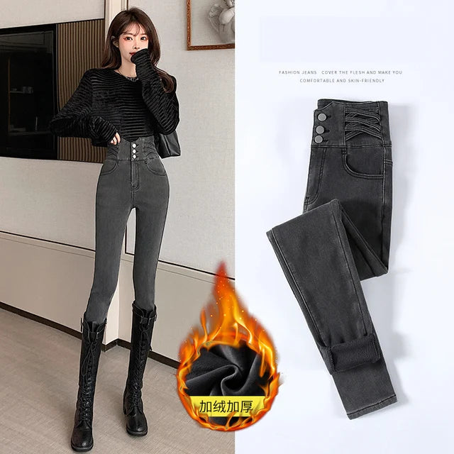 Fleece Women Warm Jeans Lady High Waist Skinny Pencil Denim Pants Winter Fleece Mom Retro Thicken Trouser Pantalones Aesthetic