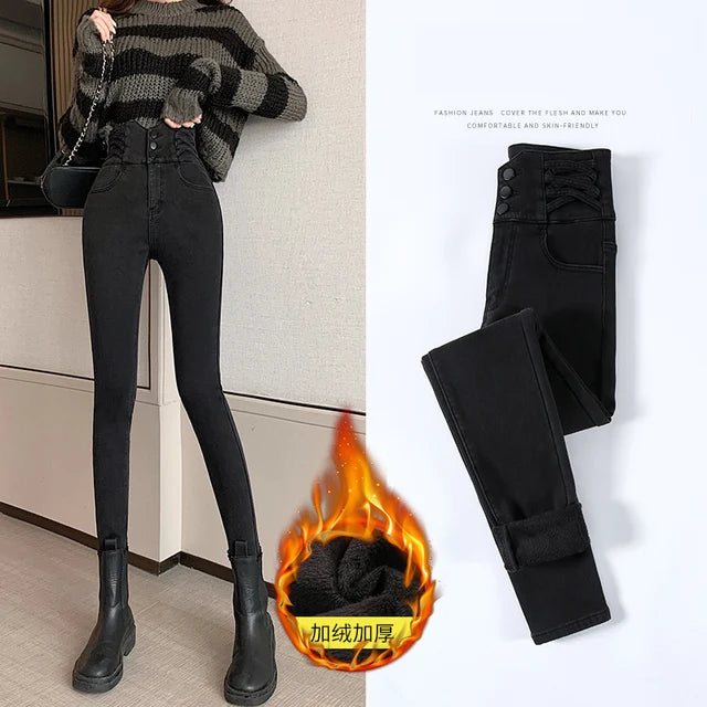 Fleece Women Warm Jeans Lady High Waist Skinny Pencil Denim Pants Winter Fleece Mom Retro Thicken Trouser Pantalones Aesthetic