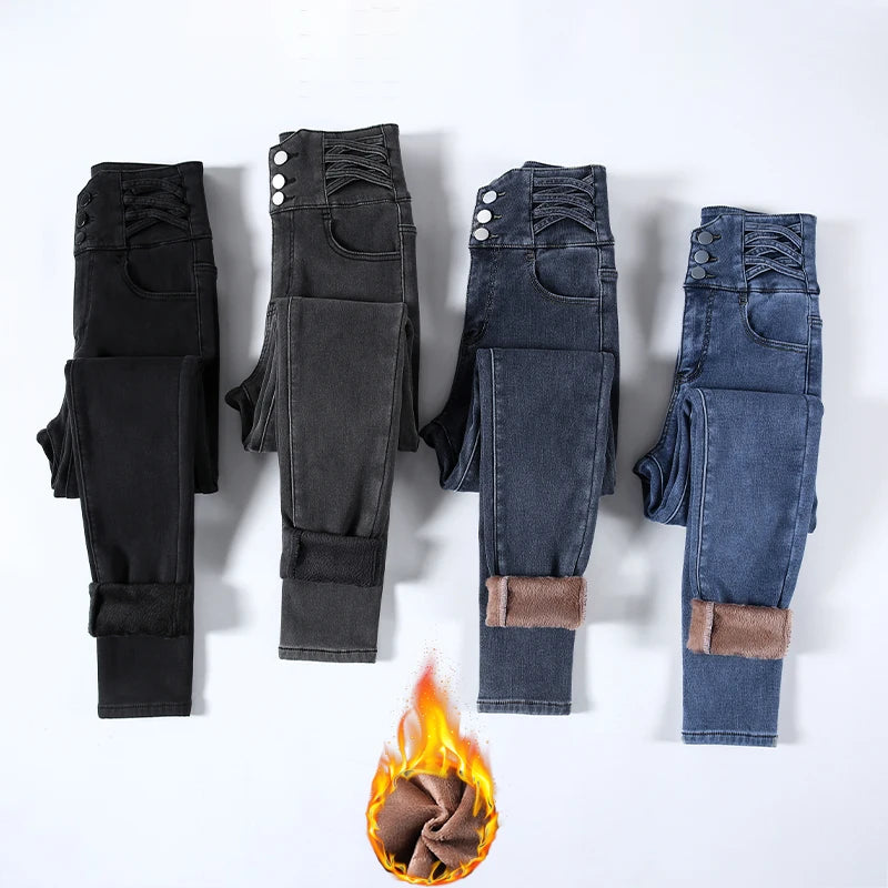 Fleece Women Warm Jeans Lady High Waist Skinny Pencil Denim Pants Winter Fleece Mom Retro Thicken Trouser Pantalones Aesthetic
