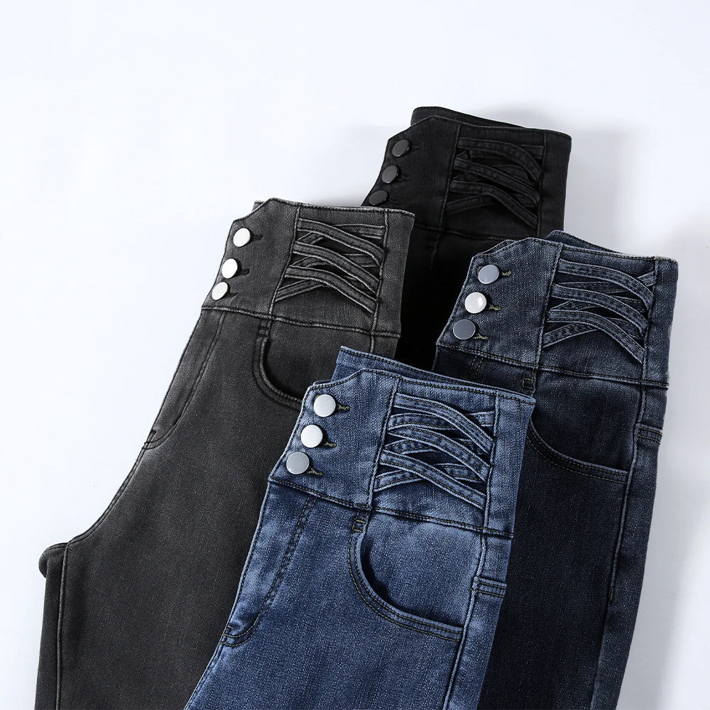 Fleece Women Warm Jeans Lady High Waist Skinny Pencil Denim Pants Winter Fleece Mom Retro Thicken Trouser Pantalones Aesthetic