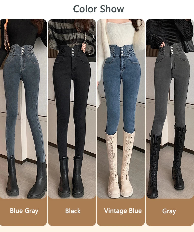 Fleece Women Warm Jeans Lady High Waist Skinny Pencil Denim Pants Winter Fleece Mom Retro Thicken Trouser Pantalones Aesthetic