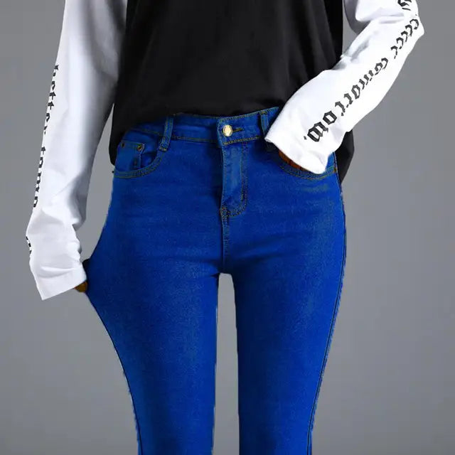 Vintage Blue Jeans Trousers Women Slim Fashion High Waist Feet Tight Teen Jeans Elasticity Simple Classic Pencil Pants