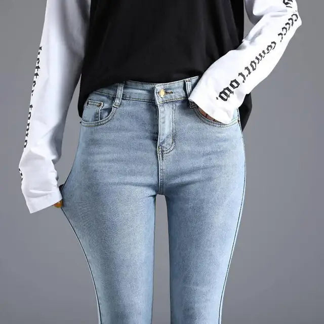 Vintage Blue Jeans Trousers Women Slim Fashion High Waist Feet Tight Teen Jeans Elasticity Simple Classic Pencil Pants
