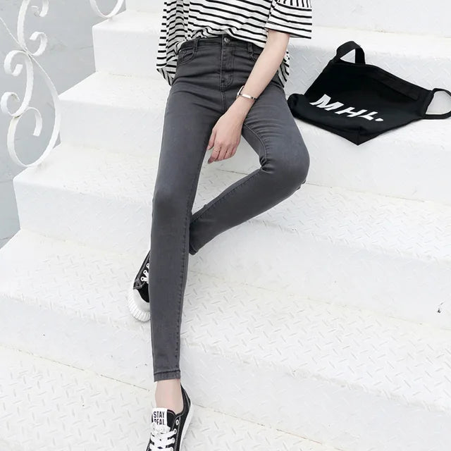 Vintage Blue Jeans Trousers Women Slim Fashion High Waist Feet Tight Teen Jeans Elasticity Simple Classic Pencil Pants