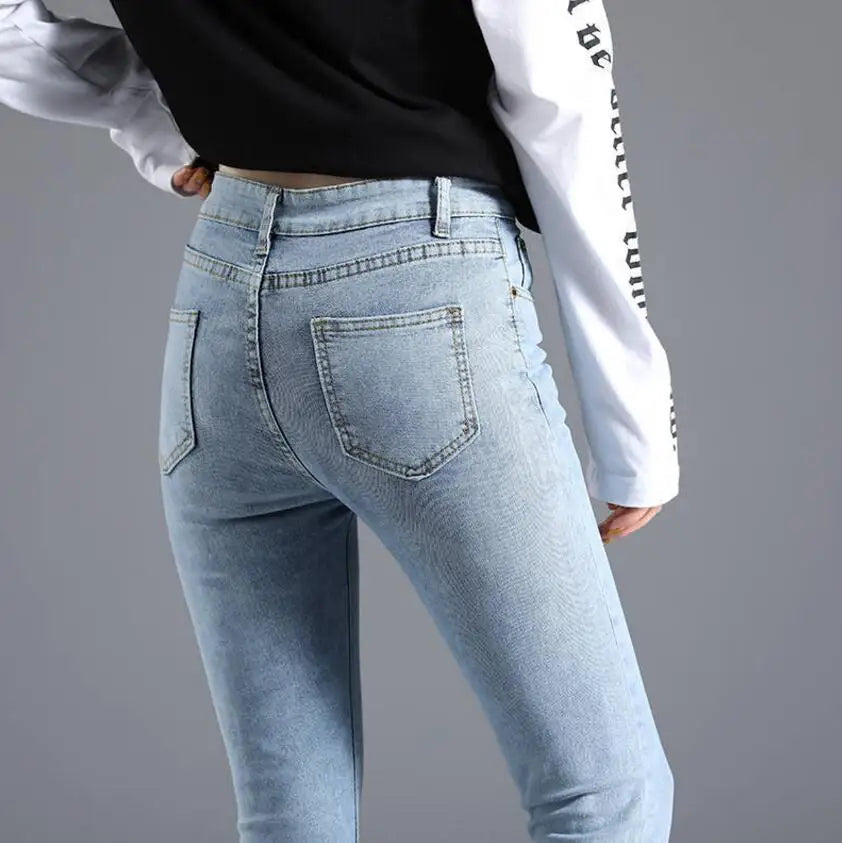 Vintage Blue Jeans Trousers Women Slim Fashion High Waist Feet Tight Teen Jeans Elasticity Simple Classic Pencil Pants