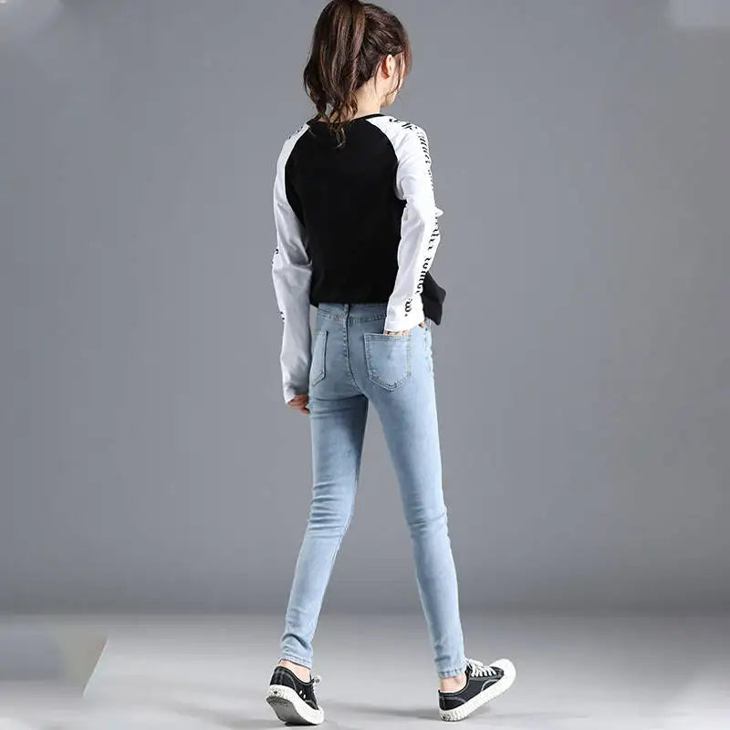 Vintage Blue Jeans Trousers Women Slim Fashion High Waist Feet Tight Teen Jeans Elasticity Simple Classic Pencil Pants