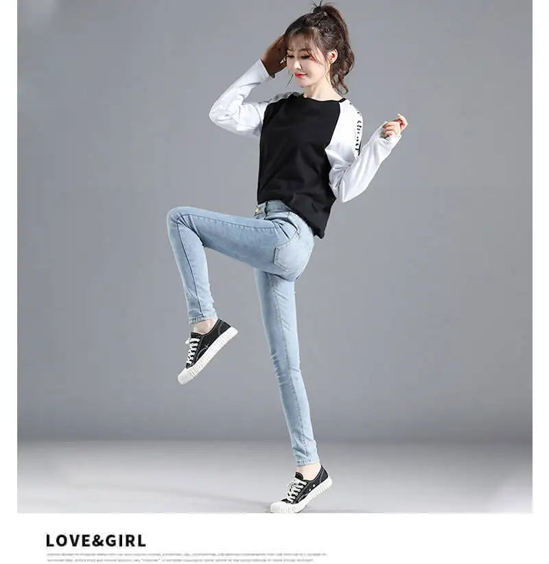 Vintage Blue Jeans Trousers Women Slim Fashion High Waist Feet Tight Teen Jeans Elasticity Simple Classic Pencil Pants