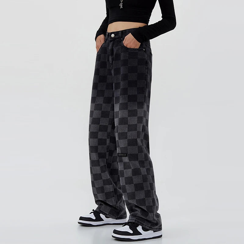 Women Black Gradient Jeans Plaid Vintage Straight Pants High Waist Casual Fashion Wide Leg Baggy Denim Trouser Ladies Summer