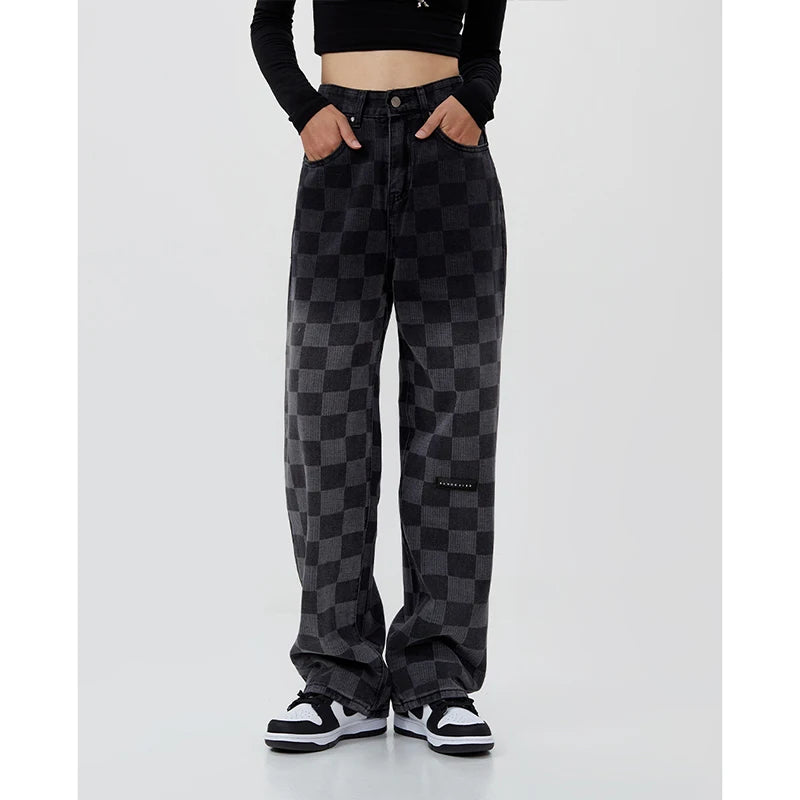 Women Black Gradient Jeans Plaid Vintage Straight Pants High Waist Casual Fashion Wide Leg Baggy Denim Trouser Ladies Summer